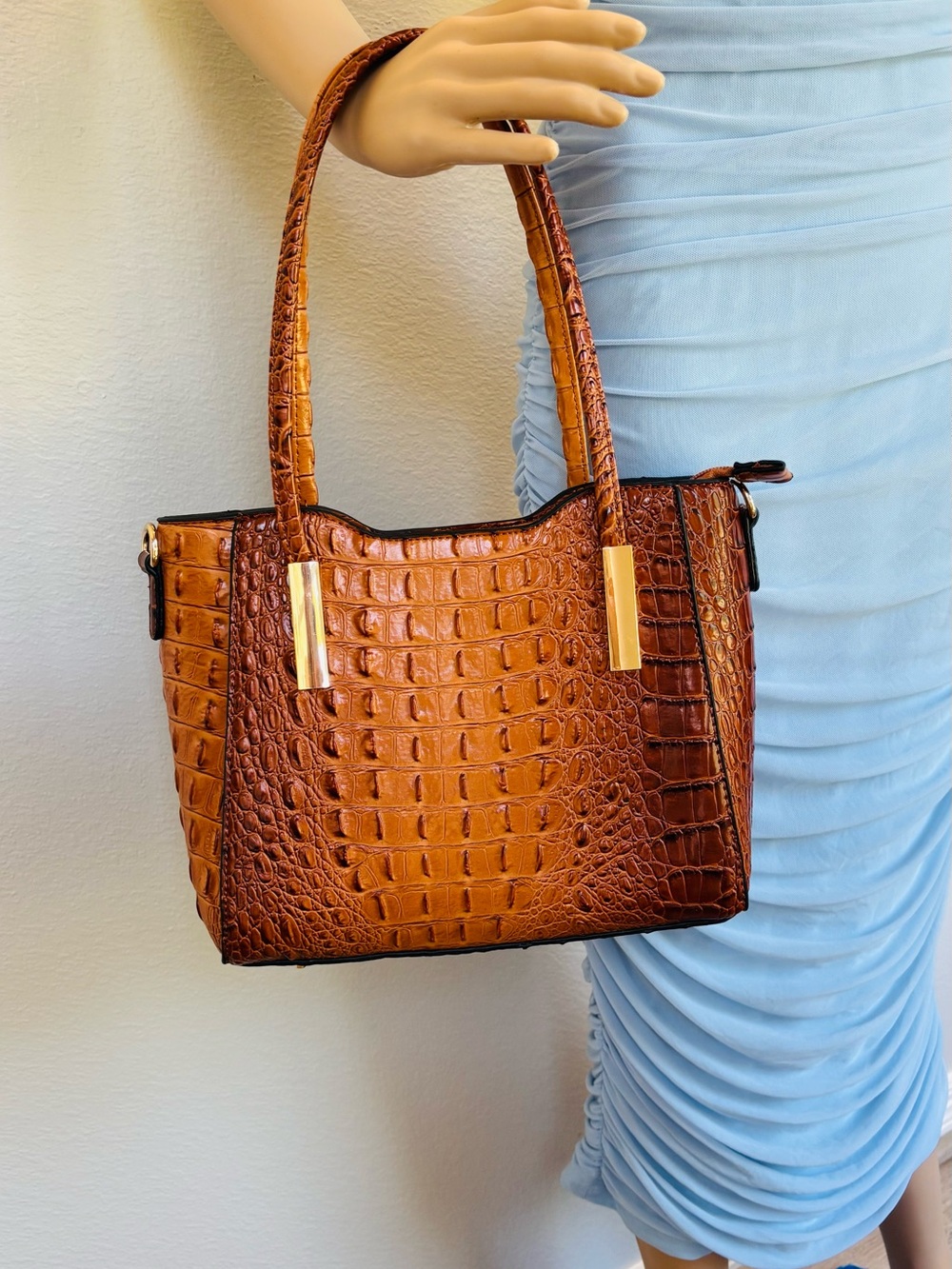 Croc-Embossed Shoulder Tote in Cognac Brown with Gold Accents and strap - Picture 2 of 15